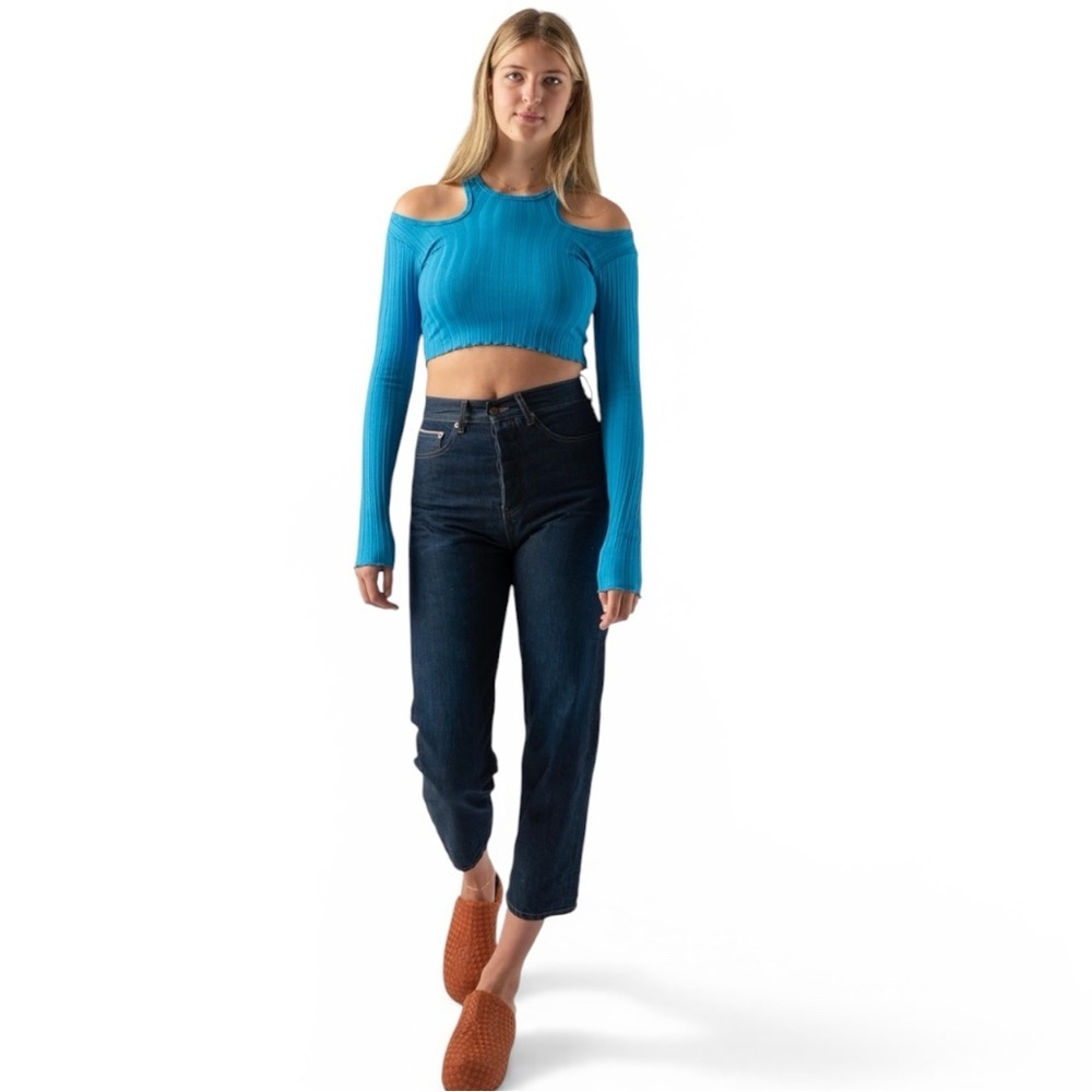 Simon Miller Teal Ribbed Astro Long Sleeve Crop Top